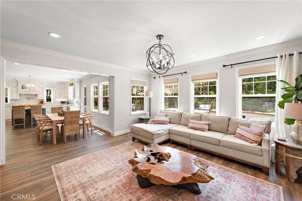 Chandelier, Dining room, Interior, Living room, Pendant Lights, Recessed Lighting, Wood Texture Flooring