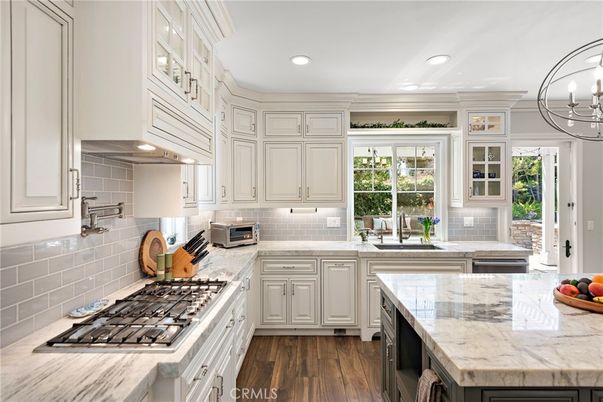Chandelier, Interior, Kitchen, Recessed Lighting, Stainless Steel Appliances, Wood Texture Flooring