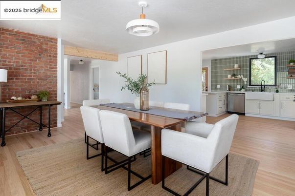 Dining room, Interior, Kitchen, Pendant Lights, Stone Walls, Wood Texture Flooring