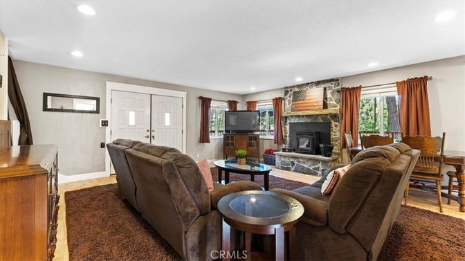 Fireplace, Interior, Living room, Recessed Lighting, Wood Texture Flooring