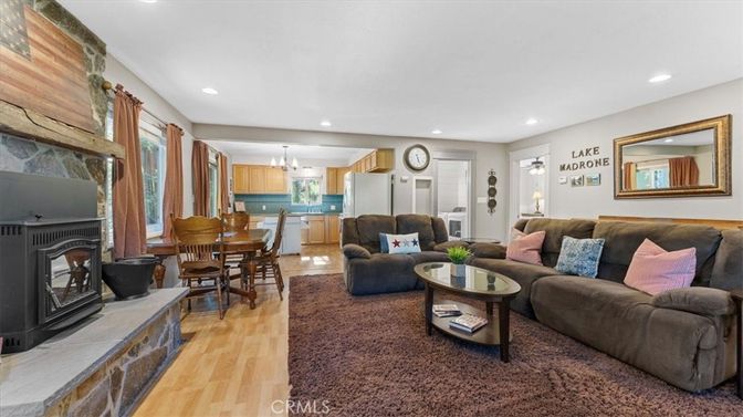 Chandelier, Dining room, Fireplace, Interior, Living room, Recessed Lighting, Wood Texture Flooring