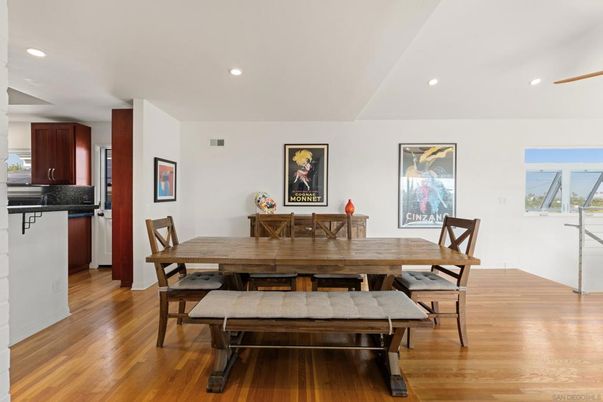 Dining room, Interior, Kitchen, Recessed Lighting, Wood Texture Flooring