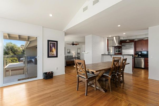 Dining room, Interior, Kitchen, Recessed Lighting, Stainless Steel Appliances, Wood Texture Flooring