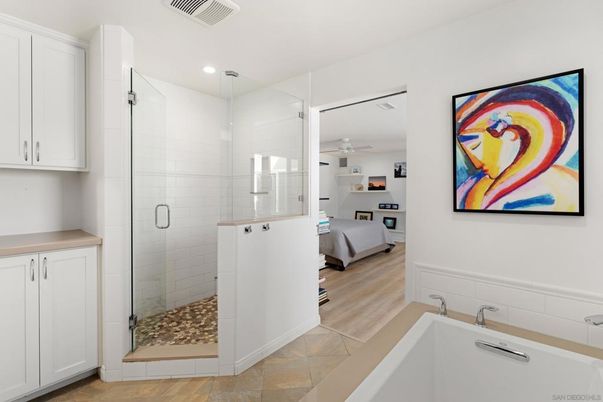 Bathroom, Glass Shower, Interior, Recessed Lighting, Wood Texture Flooring