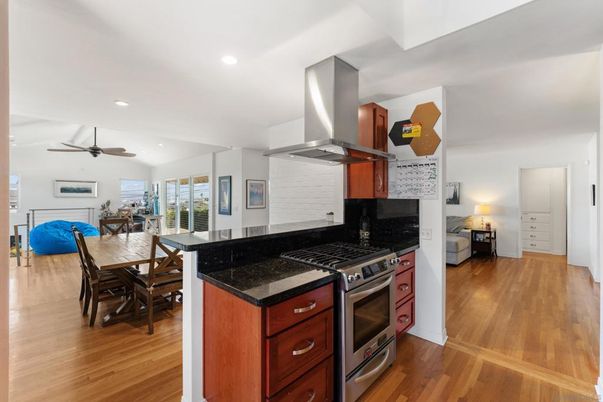 Dining room, Interior, Kitchen, Recessed Lighting, Stainless Steel Appliances, Wood Texture Flooring