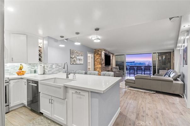Interior, Kitchen, Living room, Pendant Lights, Stone Walls, Water, Wood Texture Flooring