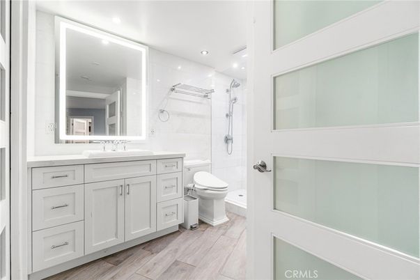 Bathroom, Glass Shower, Interior, Recessed Lighting, Wood Texture Flooring