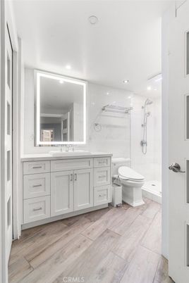 Bathroom, Glass Shower, Interior, Recessed Lighting, Wood Texture Flooring