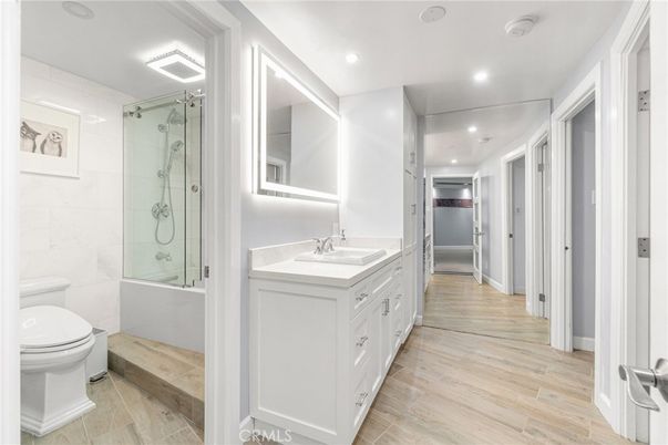 Bathroom, Glass Shower, Interior, Recessed Lighting, Wood Texture Flooring