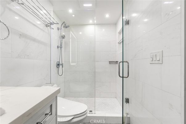 Bathroom, Glass Shower, Interior, Marble Walls, Recessed Lighting