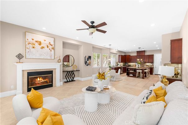 Dining room, Fireplace, Interior, Kitchen, Living room, Pendant Lights, Recessed Lighting