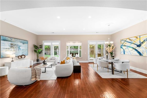 Dining room, Interior, Living room, Recessed Lighting, Wood Texture Flooring