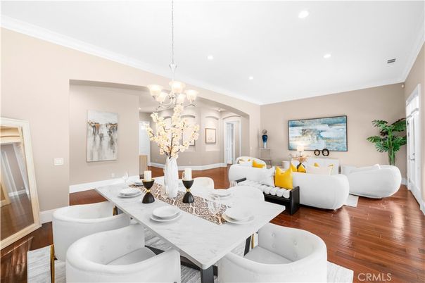Chandelier, Dining room, Interior, Living room, Recessed Lighting, Wood Texture Flooring