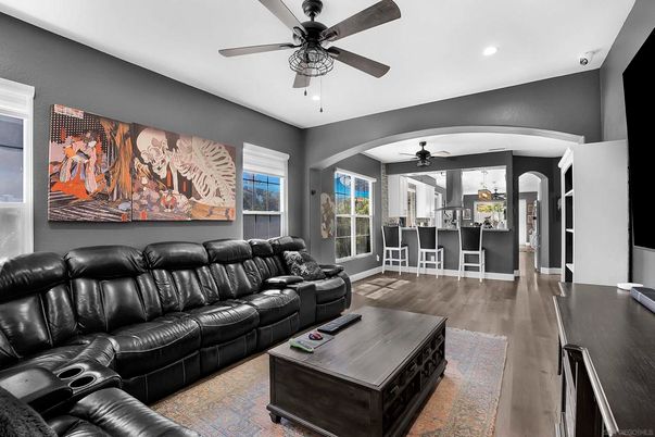 Home Theatre Room, Dining room, Interior, Living room, Recessed Lighting, Wood Texture Flooring