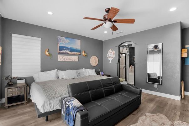 Bedroom, Interior, Recessed Lighting, Wood Texture Flooring