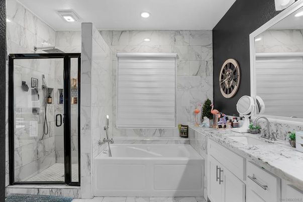 Bathroom, Glass Shower, Interior, Marble, Marble Walls, Recessed Lighting