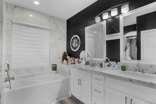 Bathroom, Dual Sink Vanities, Interior, Marble Walls, Recessed Lighting