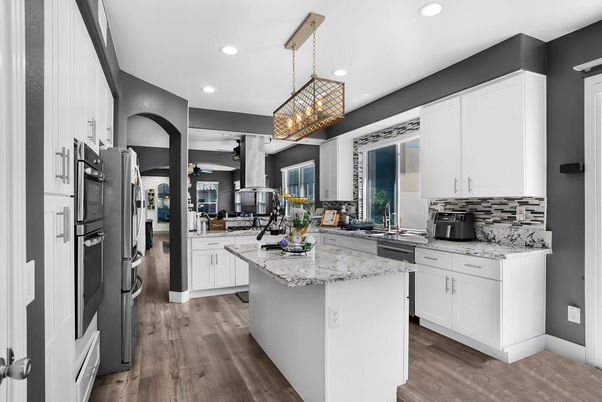 Chandelier, Interior, Kitchen, Pendant Lights, Recessed Lighting, Wood Texture Flooring