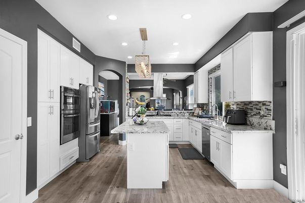 Interior, Kitchen, Pendant Lights, Recessed Lighting, Stainless Steel Appliances, Wood Texture Flooring
