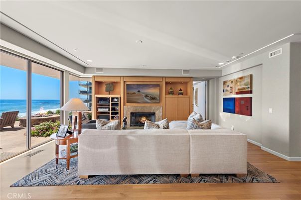 Fireplace, Interior, Living room, Recessed Lighting, Water, Wood Texture Flooring