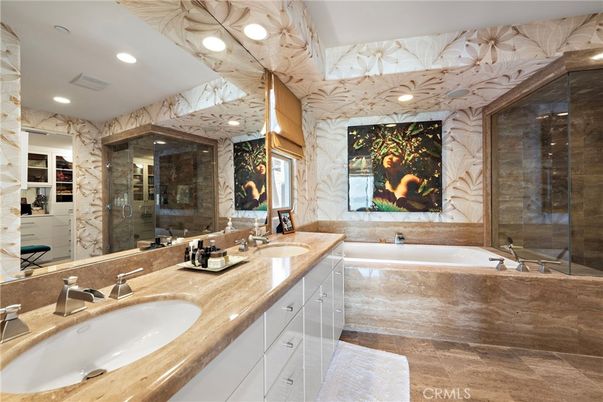Bathroom, Dual Sink Vanities, Glass Shower, Interior, Marble Walls, Recessed Lighting