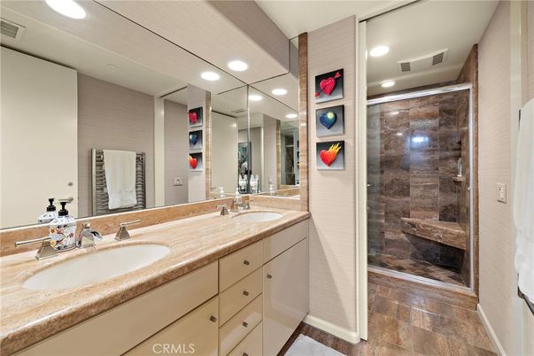 Bathroom, Dual Sink Vanities, Glass Shower, Interior, Recessed Lighting