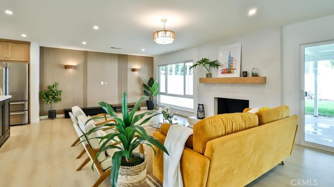Fireplace, Interior, Kitchen, Living room, Recessed Lighting, Stainless Steel Appliances, Wood Texture Flooring