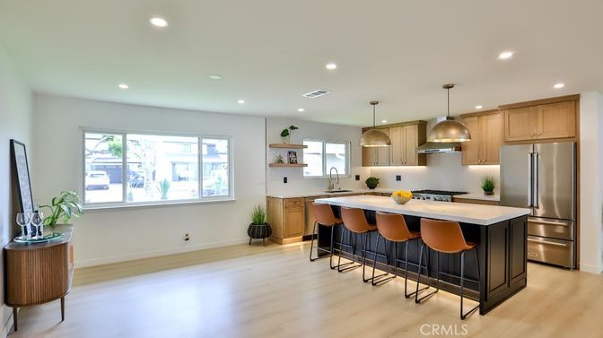 Interior, Kitchen, Pendant Lights, Recessed Lighting, Stainless Steel Appliances, Wood Texture Flooring