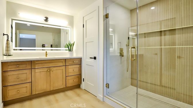 Bathroom, Glass Shower, Interior, Recessed Lighting, Wood Texture Flooring