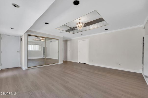 Chandelier, Empty room, Interior, Recessed Lighting, Wood Texture Flooring