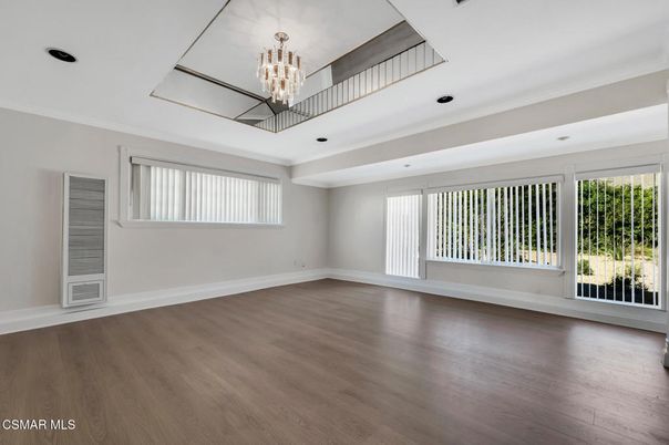 Chandelier, Empty room, Interior, Recessed Lighting, Wood Texture Flooring