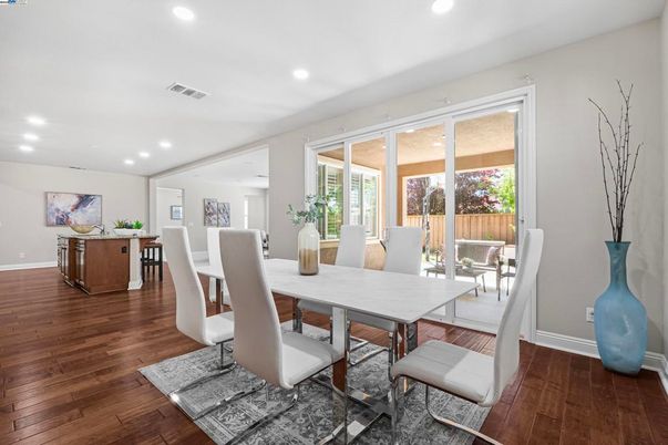 Dining room, Interior, Recessed Lighting, Wood Texture Flooring