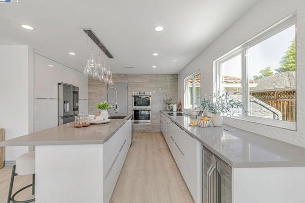 Interior, Kitchen, Pendant Lights, Recessed Lighting, Stainless Steel Appliances, Wooden Beams, Wood Texture Flooring