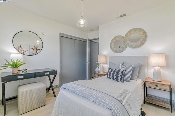 Bedroom, Interior, Pendant Lights, Wood Texture Flooring