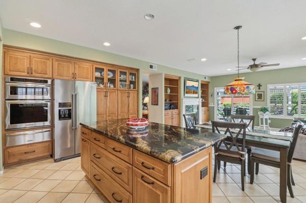 Dining room, Fireplace, Interior, Kitchen, Pendant Lights, Recessed Lighting, Stainless Steel Appliances