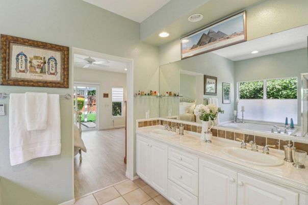 Bathroom, Dual Sink Vanities, Interior, Recessed Lighting, Wood Texture Flooring