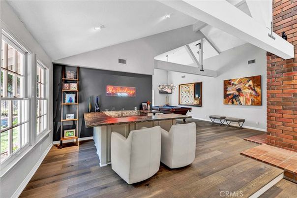 Billiard Table, Fireplace, Game Room, Interior, Recessed Lighting, Stone Walls, Wood Texture Flooring