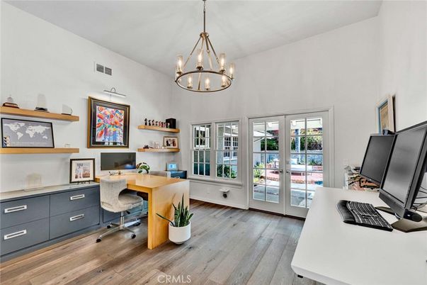Chandelier, Home Office, Interior, Pendant Lights, Wood Texture Flooring