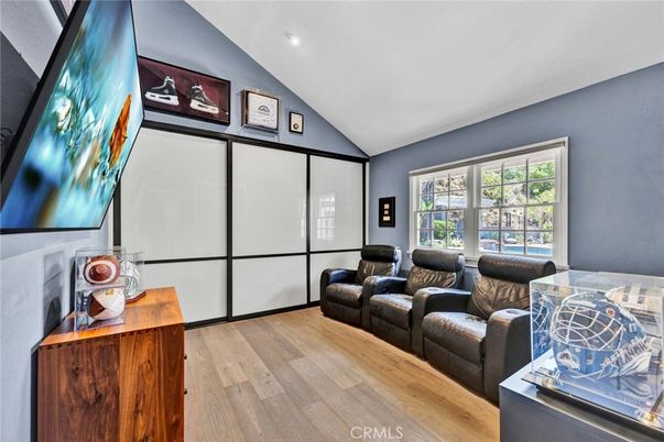 Interior, Living room, Projection Screen, Recessed Lighting, Theatre Room, Wood Texture Flooring