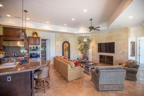 Interior, Kitchen, Living room, Pendant Lights, Recessed Lighting, Stainless Steel Appliances, Stone Walls