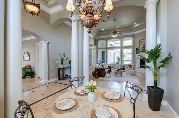 Chandelier, Dining room, Fireplace, Interior, Living room, Recessed Lighting