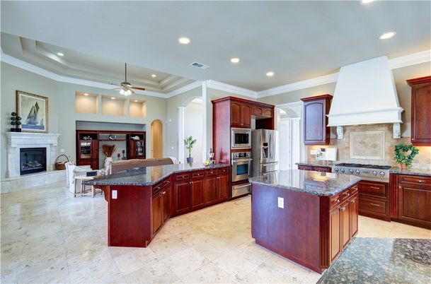 Fireplace, Interior, Kitchen, Recessed Lighting, Stainless Steel Appliances