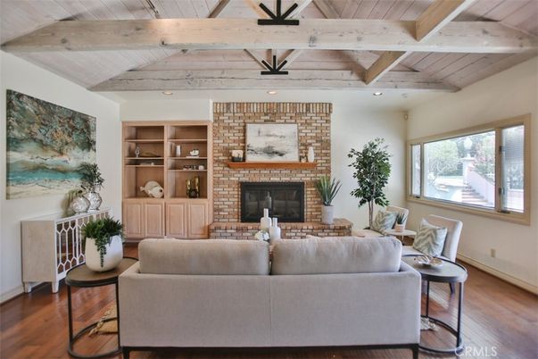 Fireplace, Interior, Living room, Recessed Lighting, Stone Walls, Wooden Beams, Wooden Ceilings, Wood Texture Flooring