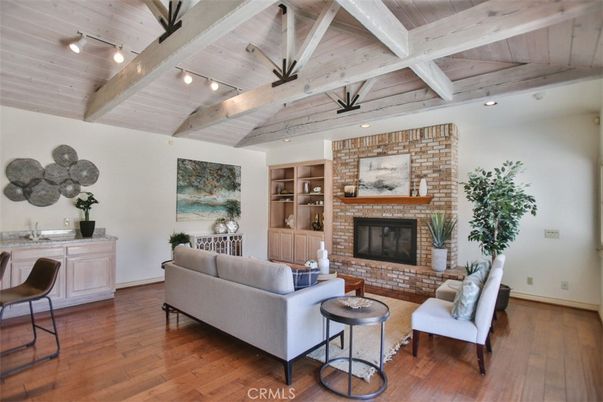 Fireplace, Interior, Living room, Recessed Lighting, Stone Walls, Wooden Beams, Wooden Ceilings, Wood Texture Flooring