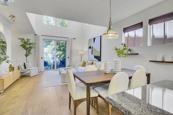 Dining room, Interior, Living room, Pendant Lights, Wood Texture Flooring