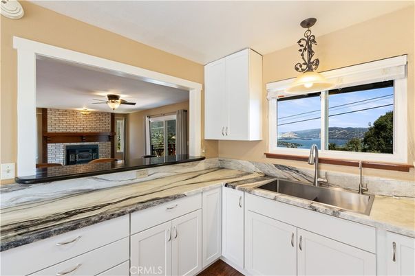 Fireplace, Interior, Kitchen, Pendant Lights, Stone Walls