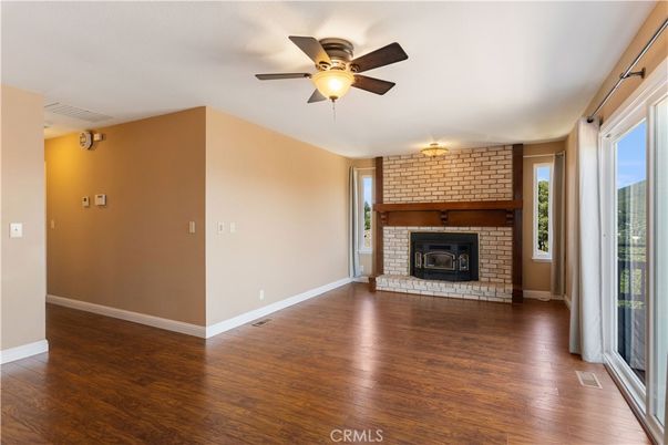 Empty room, Fireplace, Interior, Stone Walls, Wood Texture Flooring