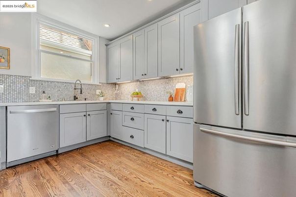 Interior, Kitchen, Recessed Lighting, Stainless Steel Appliances, Wood Texture Flooring