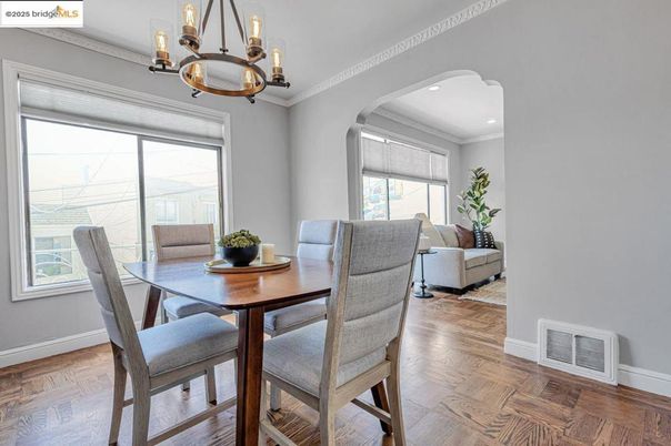 Chandelier, Dining room, Interior, Living room, Recessed Lighting, Wood Texture Flooring