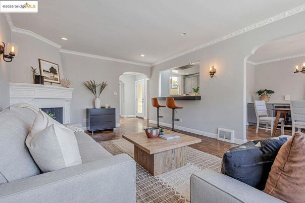 Chandelier, Dining room, Fireplace, Interior, Living room, Recessed Lighting, Wood Texture Flooring
